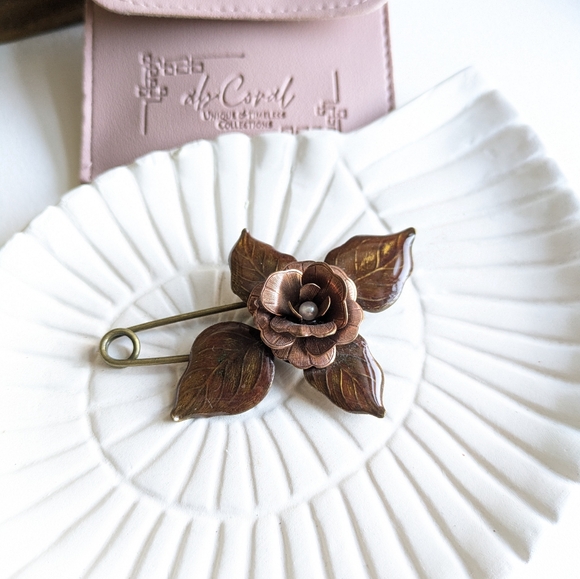 Jewelry - Brown Flower Handpainted Brooch, Copper Flower Scarf Pin, Fall Coat Pin, Hat Pin